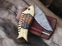 Handmade Fish Pocket Knife Damascus Folding Knife Bone Handle Special Gift for Any Occasion Personalized Gift USA Annive