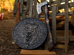 Legendary Norse Wolf head Engraved Axe & Shield Set Hand Forged Carbon Steel Axe Battle Ready axe Groomsmen gift best gi