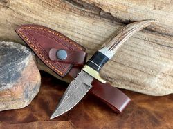 damascus steel stag antler handle fixed blade knife - custom damascus pocket knife - anniversary gift - gift for husband
