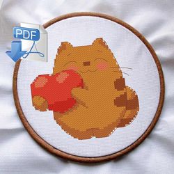 Romantic cat cross stitch pattern Red cat cross stitch pattern Valentine's Day cross stitch pattern Instant PDF Download
