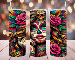 20 oz Skinny Tumbler Wrap - Dia De Los Muertos Girl/ Digital Art/ Ai Image - Sublimation Design - PNG file