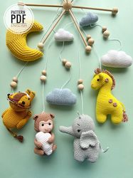 Crochet Baby Mobile, Safari Animals: lion, giraffe, monkey and elephant /Pattern/PDF/English only/ Amigurumi, Crochet Sa