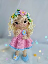 Crochet Doll English Pattern in pink dress, Amigurumi spring doll with flowers, stuffed cute doll