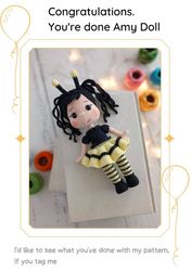 Crochet English PDF pattern Amy Doll, Bee Girl amigurumi, handmade toy making, doll making