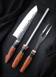 Custom Handmade Kitchen Knife Set, fork, Ceramic Knife Sharpener with Bag