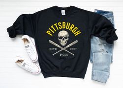 Vintage Pittsburgh Baseball Skull Skeleton Est 1887 Black Sweatshirt, Pittsburgh Baseball Team Retro Shirt, Baseball Ret