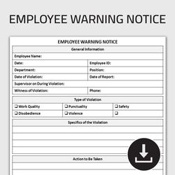 Printable Employee Warning Notice Form, Staff Disciplinary Form, Employee Warning Sheet, Editable Template