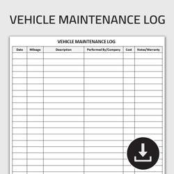 Printable Vehicle Maintenance Log, Auto Service Record, Car Repair & Service Tracker, Car Maintenance, Editable Template