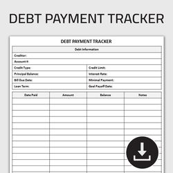 Printable Debt Payment Tracker, Debt Payoff Planner, Debt Snowball Plan Log, Debt Repayment Log, Editable Template