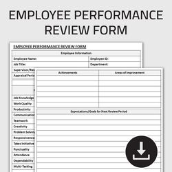 Printable Employee Performance Review Form, Employee Appraisal Form, Staff Evaluation Sheet, Job Assessment Form
