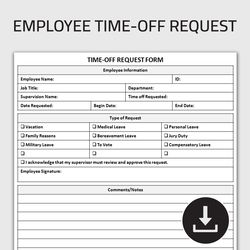 Printable Employee Time Off Request Form, Vacation Request Form, Day Off Request Sheet, PTO Request Template