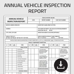 Printable Annual Vehicle Inspection Report, Annual Vehicle Inspection Checklist Sheet, Editable Template