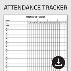 Printable Monthly Attendance Tracker, Attendance Sheet, Daily Presence Log, Attendance Tracking Chart, Editable Template