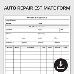 Printable Auto Repair Estimate Form, Auto Repair Order Form, Automotive Repair Estimate Sheet, Mechanic Work Order