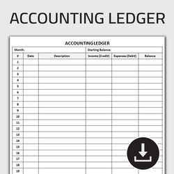 Printable Accounting Ledger, General Ledger, Ledger Log, Accounts Ledger, Cash Tracker, Cash Log, Expense Log, Editable