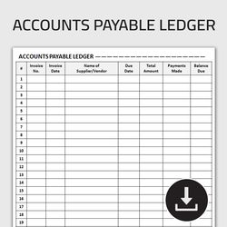 Printable Accounts Payable Ledger, Accounting Ledger, Vendor Payment Tracker, Accounts Payable Log, Editable Template