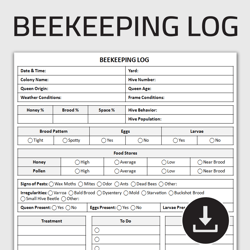 Printable Beekeeping Log, Beehive Tracker, Bee Keeping Journal, Hive Inspection, Apiary Management, Editable Template