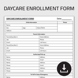 Printable Daycare Enrollment Form, Childcare Enrollment Application Form, Child Registration Form, Daycare Intake Sheet