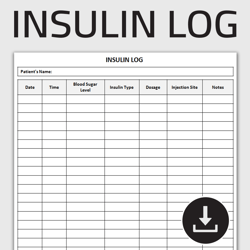 Printable Insulin Log, Insulin Injection Tracker, Blood Sugar Level Tracker, Insulin Injections Sheet, Editable