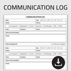Printable Communication Log, Call Tracker, Conversation Record, Phone Call Log, Interaction Tracker, Editable Template