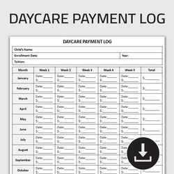 Printable Daycare Payment Log, Childcare Payment Record, Daycare Tuition Tracker, Daycare Centers Payment Record