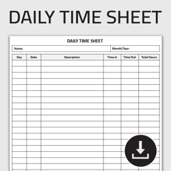 Printable Daily Time Sheet Log, Timesheet Log, Work Hours Tracker, Employee Hour Tracker, Editable Template