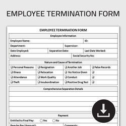 Printable Employee Termination Form, Employee Separation Report Sheet, Employee Off Boarding Form, Editable Template