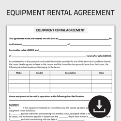 Printable Equipment Rental Agreement Form, Equipment Lease Contract Form, Tool Hire Agreement, Editable Template