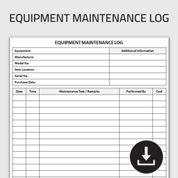 Printable Equipment Maintenance Log, Machinery Repair Service Record, Equipment Maintenance Tracker, Editable Template