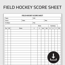 Printable Field Hockey Score Sheet, Field Hockey Game Stats Tracker, Hockey Match Score Record Log, Editable Template