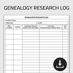 Printable Genealogy Research Log, Family History Tracker, Genealogy Research Organizer, Ancestry Record, Editable