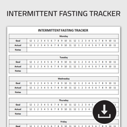 Printable Intermittent Fasting Tracker, Fasting Schedule, Intermittent Fasting Journal, Fasting Log, Editable Template