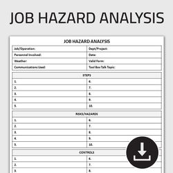 Printable Job Hazard Analysis Form, JHA Sheet, Workplace Safety Assessment Log, Risk Evaluation Form, Editable Template