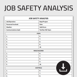 Printable Job Safety Analysis Form, JSA Sheet, Workplace Risk Assessment Log, Safety Evaluation, Editable Template