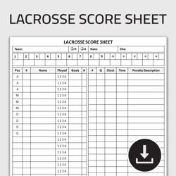 Printable Lacrosse Score Sheet, Lacrosse Stats Tracker Log, Lacrosse Game Tracker, Team Scorecard, Editable Template