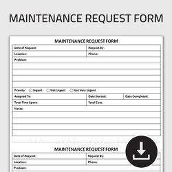 Printable Maintenance Request Form, Repair Request Form, Repair Order Sheet, Facility Service Request, Editable Template
