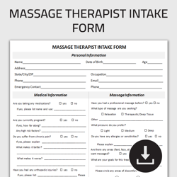Printable Massage Therapist Client Intake Form, Massage Therapy Consent Form, Client Consultation Sheet, Editable