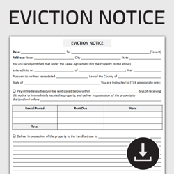 Printable Eviction Notice Form, Notice to Terminate Tenancy, Notice to Vacate, Eviction Notice, Lease Termination Form