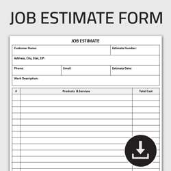 Printable Job Estimate Form, Estimating Sheet, Job Quote Sheet, Job Proposal Form, Editable Template