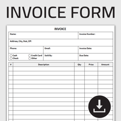 Printable Invoice Form, Simple Invoice Sheet, Business Invoice Form, Sales Invoice Form, Editable Template