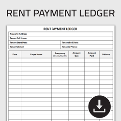 Printable Rent Payment Ledger, Rental Payment Tracker, Rent Payment Log, Rent Payment Record, Editable Template