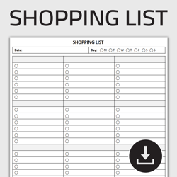 Printable Shopping List, Grocery Checklist, Food Shopping Planner, Shopping Log, Shopping Checklist, Editable Template