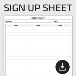 Printable Sign Up Sheet, Sign-Up form, Event Sign Up Sheet, Event Registration Form, Volunteer List, Editable Template