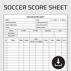 Printable Soccer Score Sheet, Soccer Stats Tracker, Soccer Score Card, Match Tracker, Game Record, Editable Template