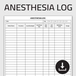 Printable Anesthesia Log, Anesthesia Case Tracker, Anesthetic Record, Surgery Monitoring Chart, Editable Template