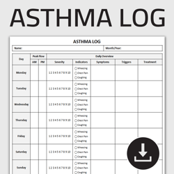 Printable Asthma Log, Daily Asthma Tracker, Asthma Attack Tracker, Respiratory Monitoring Chart, Editable Template