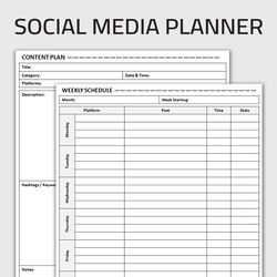 Printable Social Media Planner, Content Planner, Post Scheduler, Digital Marketing Organizer, Editable Template