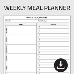 Printable Weekly Meal Planner, Food Planner, 7 Day Menu Plan, Health & Fitness, Food Planning Chart, Editable Template