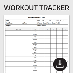 Printable Workout Tracker, Daily Gym Log, Exercise Log, Workout Planner, Fitness Journal, Workout Log, Editable Template