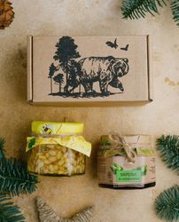 Gift set in a box - jam made of pine cones 150 g and honey with pine nuts 150 g